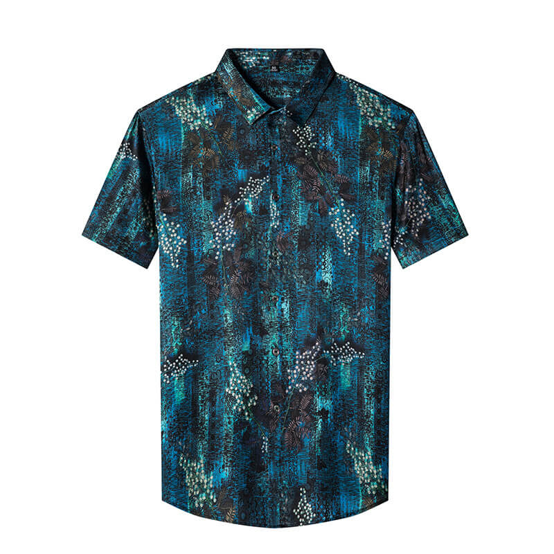 Berries and Bushes Printed Dark Blue Short Sleeve Silk Shirt