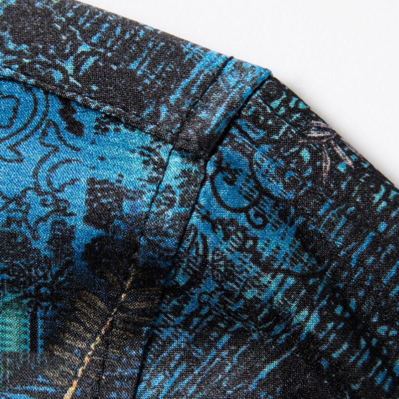 Berries and Bushes Printed Dark Blue Short Sleeve Silk Shirt