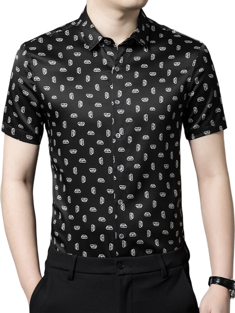 Paper Clip Printed Men's Black Short Sleeve Silk Shirt