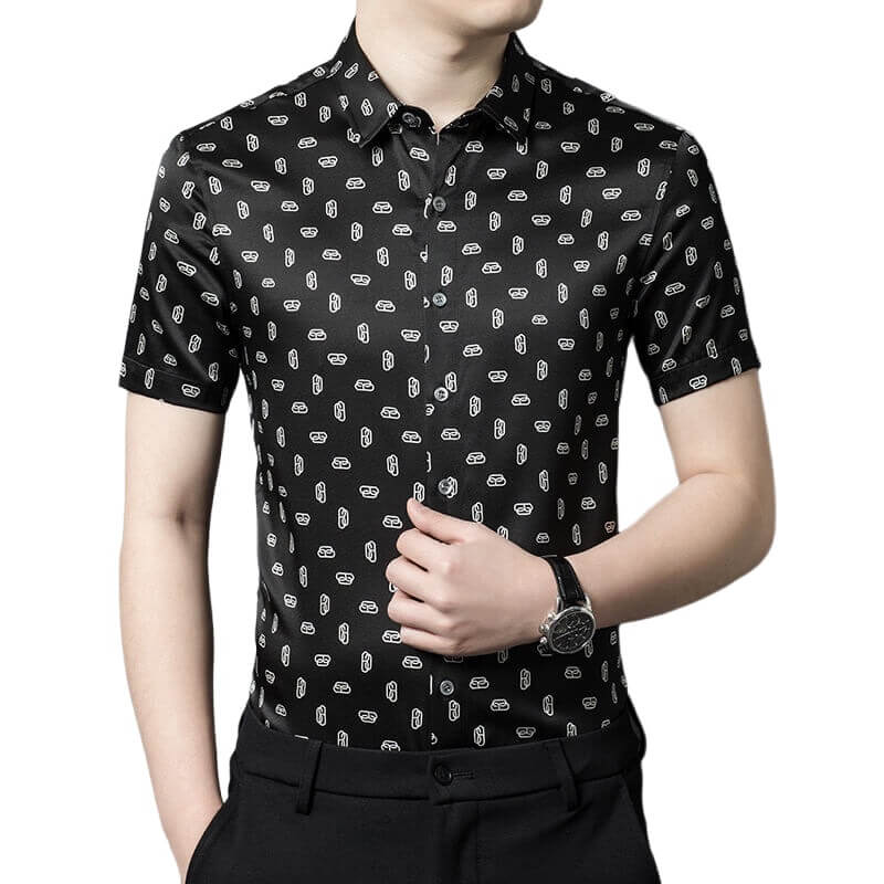 Paper Clip Printed Men's Black Short Sleeve Silk Shirt