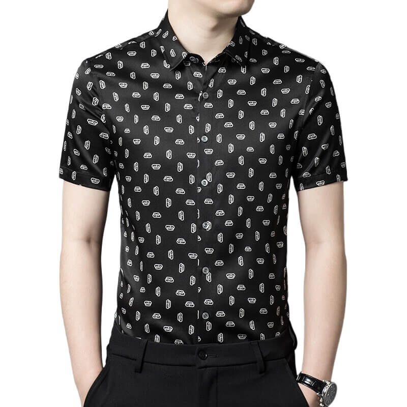 Paper Clip Printed Men's Black Short Sleeve Silk Shirt