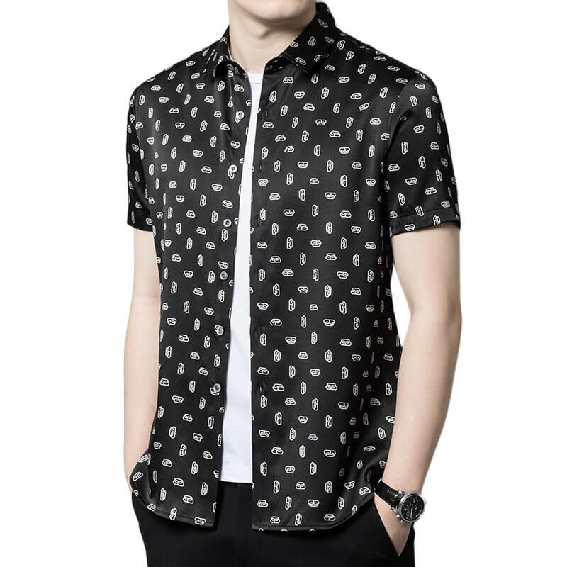 Paper Clip Printed Men's Black Short Sleeve Silk Shirt