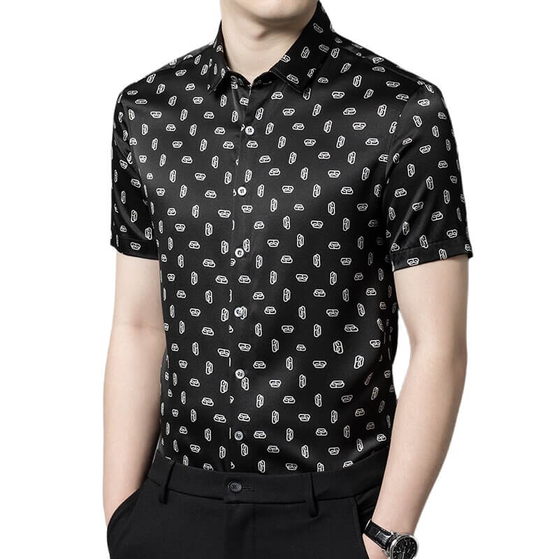 Paper Clip Printed Men's Black Short Sleeve Silk Shirt