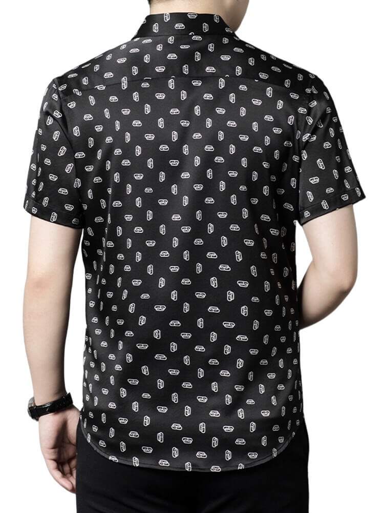 Paper Clip Printed Men's Black Short Sleeve Silk Shirt