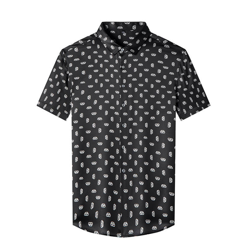 Refined Black Printed Men's Silk Short Sleeve Shirt