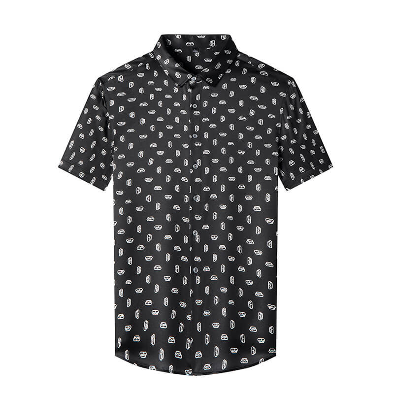 Paper Clip Printed Men's Black Short Sleeve Silk Shirt