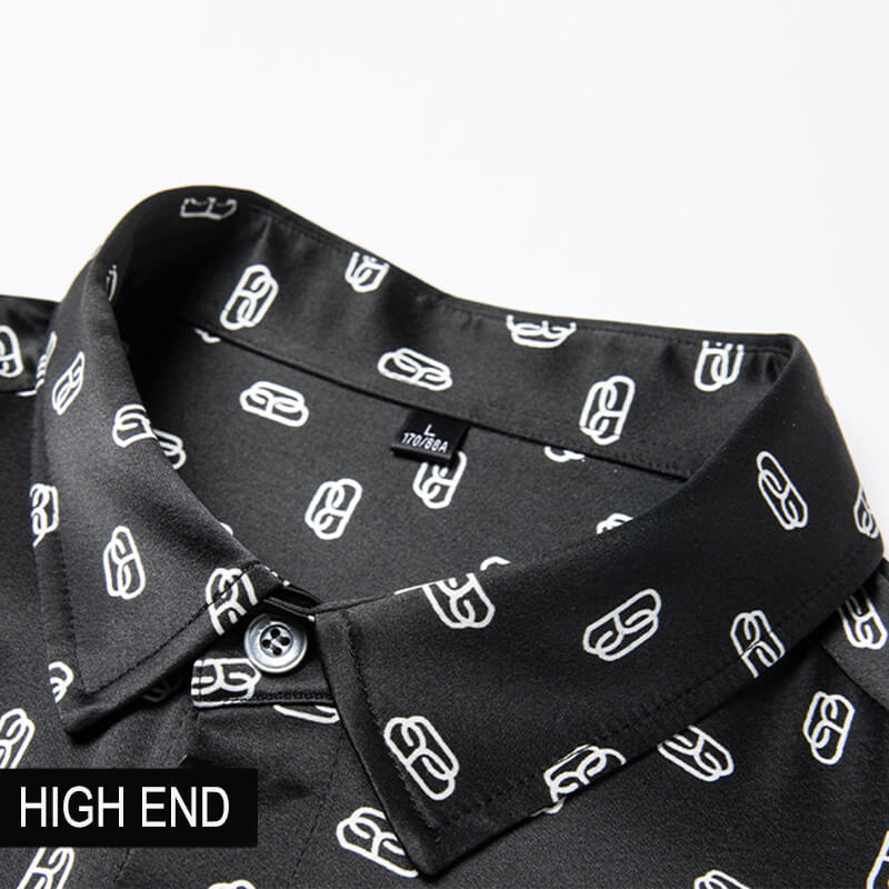 Paper Clip Printed Men's Black Short Sleeve Silk Shirt