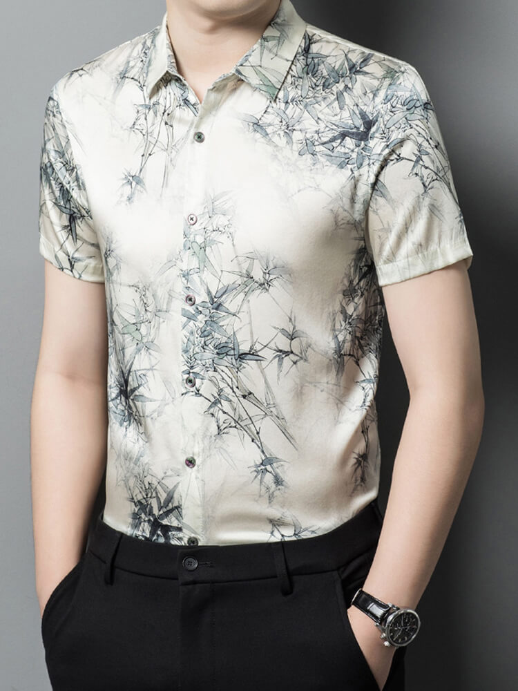 Trendy White Printed Mulberry Silk Men's Short-Sleeved Shirt