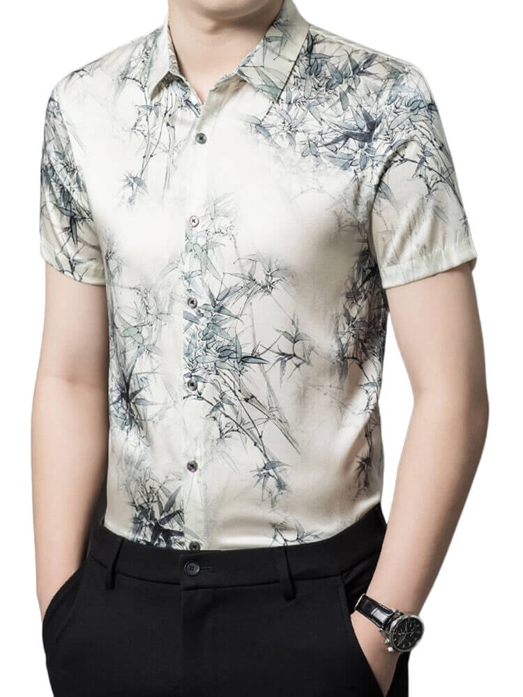 Trendy White Printed Mulberry Silk Men's Short-Sleeved Shirt