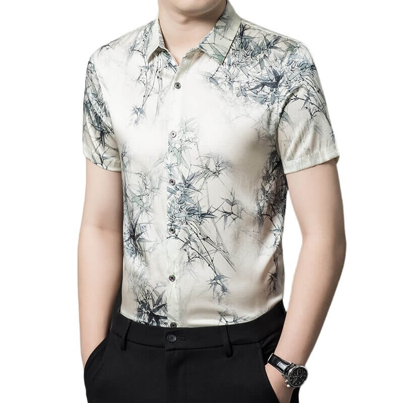 Trendy White Printed Mulberry Silk Men's Short-Sleeved Shirt