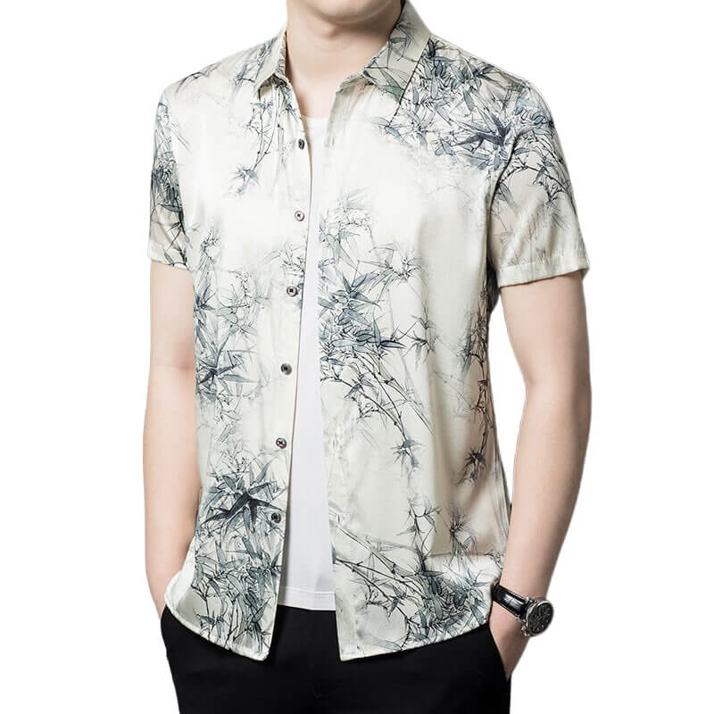 Trendy White Printed Mulberry Silk Men's Short-Sleeved Shirt