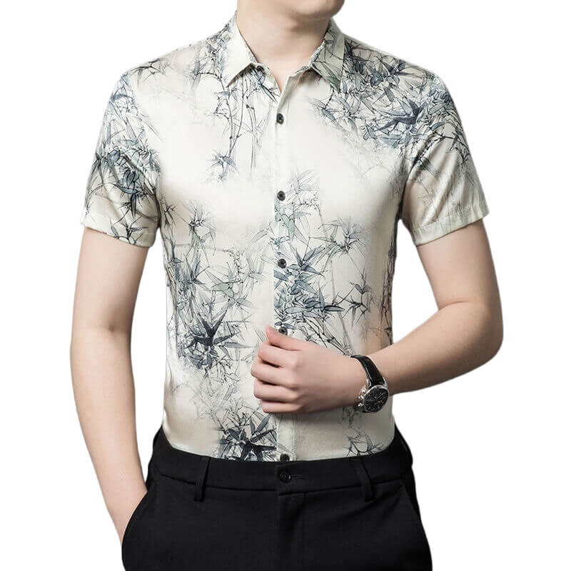 Trendy White Printed Mulberry Silk Men's Short-Sleeved Shirt