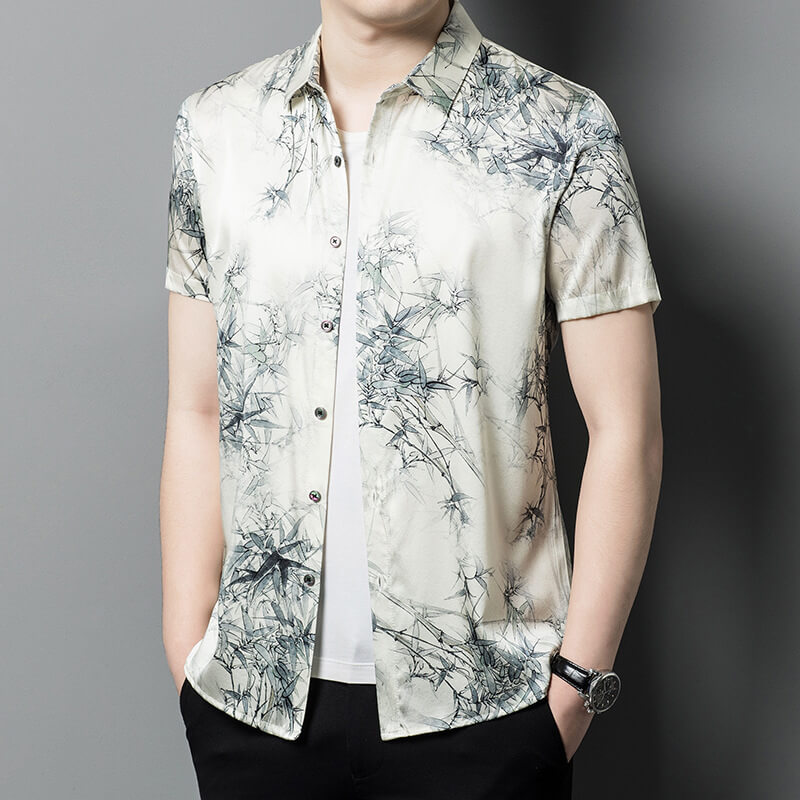 Trendy White Printed Mulberry Silk Men's Short-Sleeved Shirt