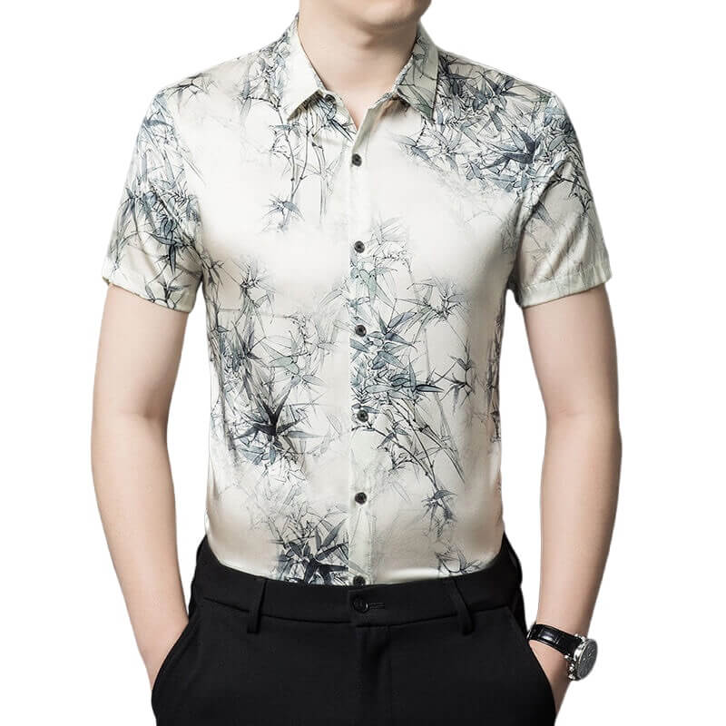 Trendy White Printed Mulberry Silk Men's Short-Sleeved Shirt