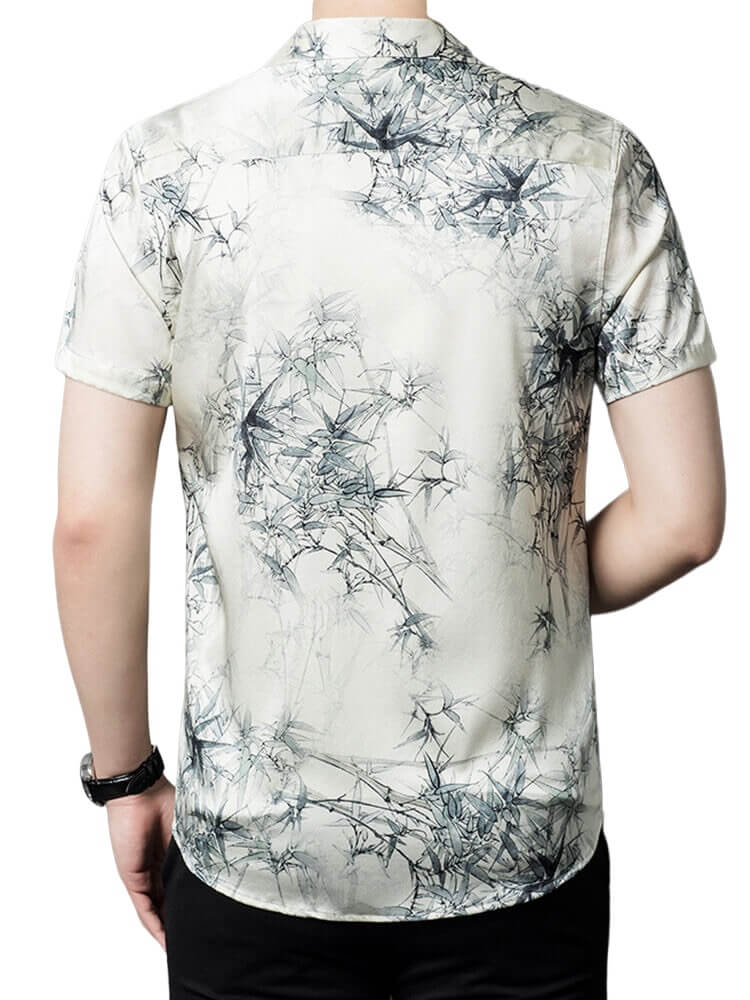 Men's Ivory Short Sleeve Stretch Silk Shirt with Bamboo Print