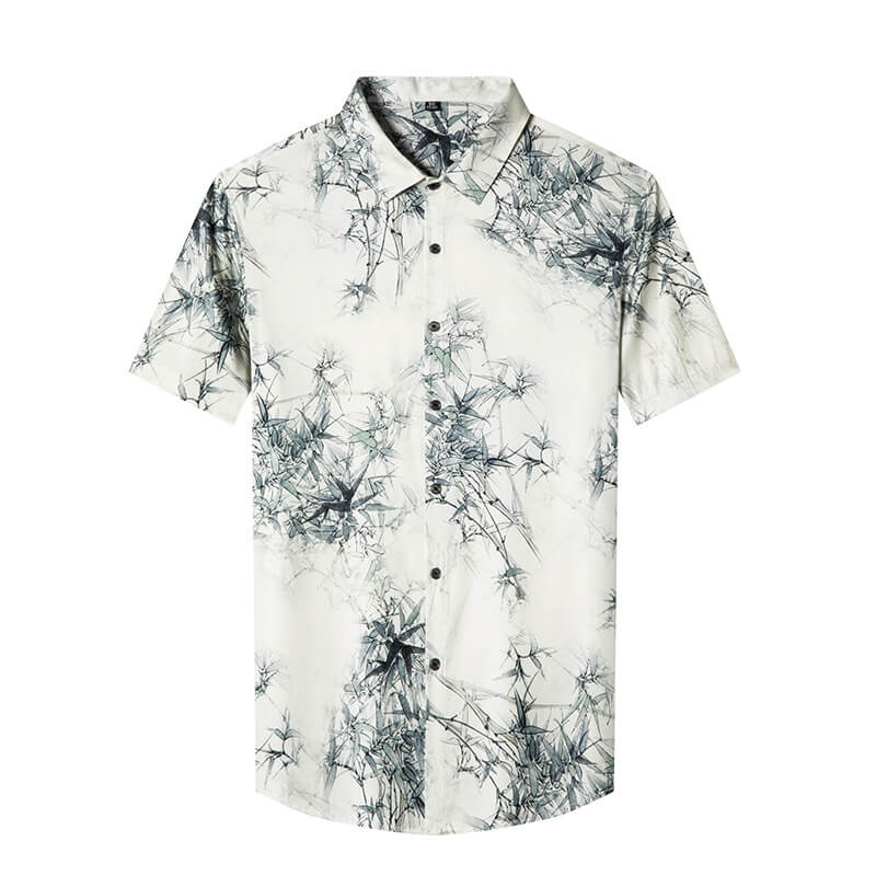 Men's Ivory Short Sleeve Stretch Silk Shirt with Bamboo Print