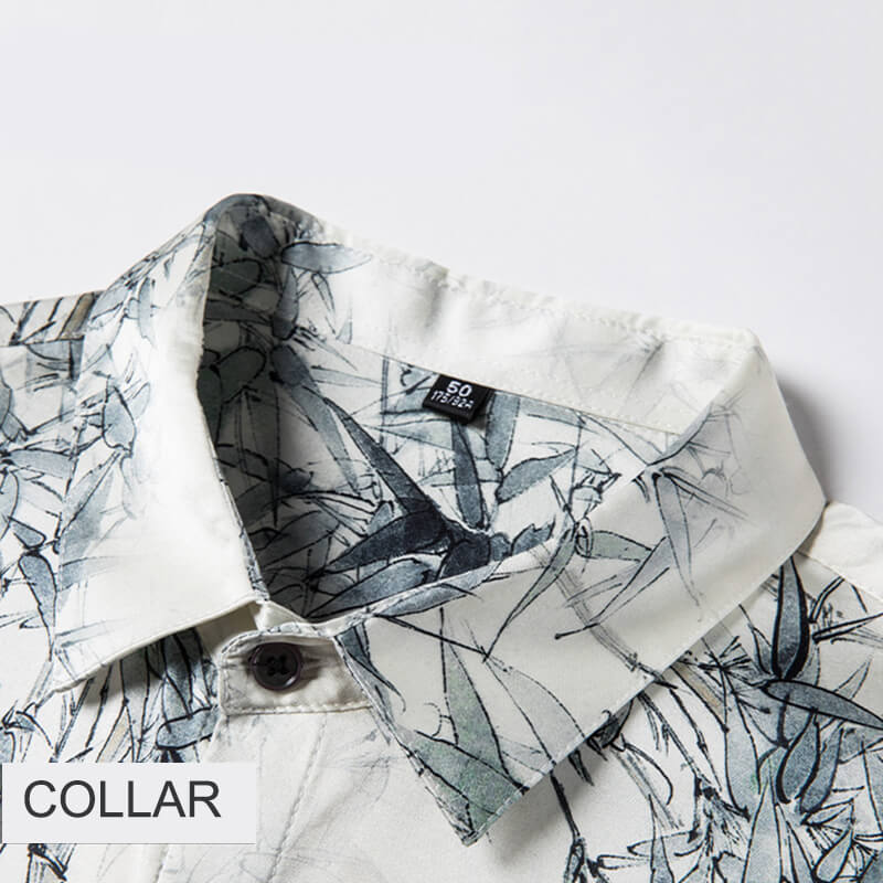 Men's Ivory Short Sleeve Stretch Silk Shirt with Bamboo Print