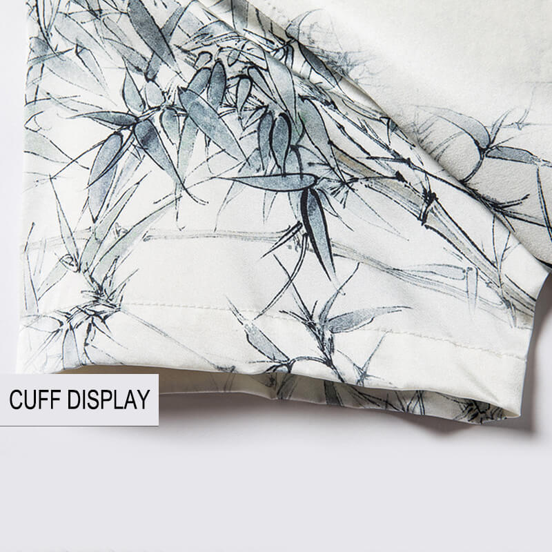 Men's Ivory Short Sleeve Stretch Silk Shirt with Bamboo Print