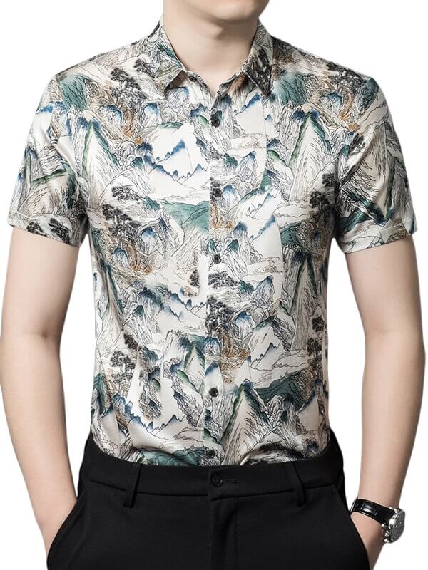 Mountain Printed Button Up Short Sleeved Silk Shirt For Men