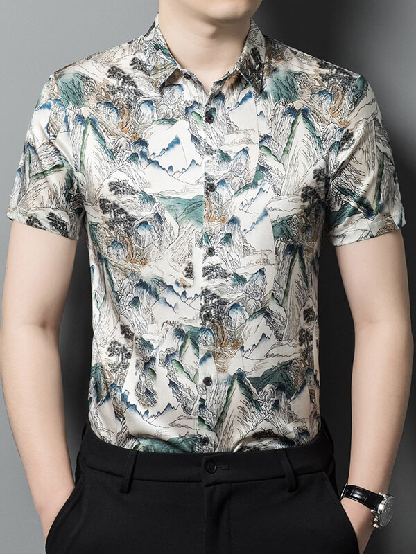 Chinese Landscape Painting Silk Short Sleeved Shirt For Men
