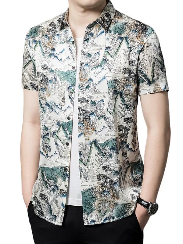 Mountain Printed Button Up Short Sleeved Silk Shirt For Men