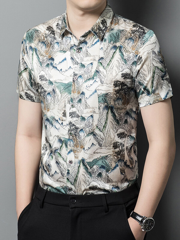Chinese Landscape Painting Silk Short Sleeved Shirt For Men