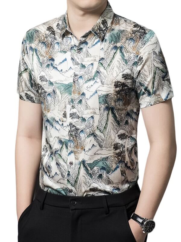 Mountain Printed Button Up Short Sleeved Silk Shirt For Men