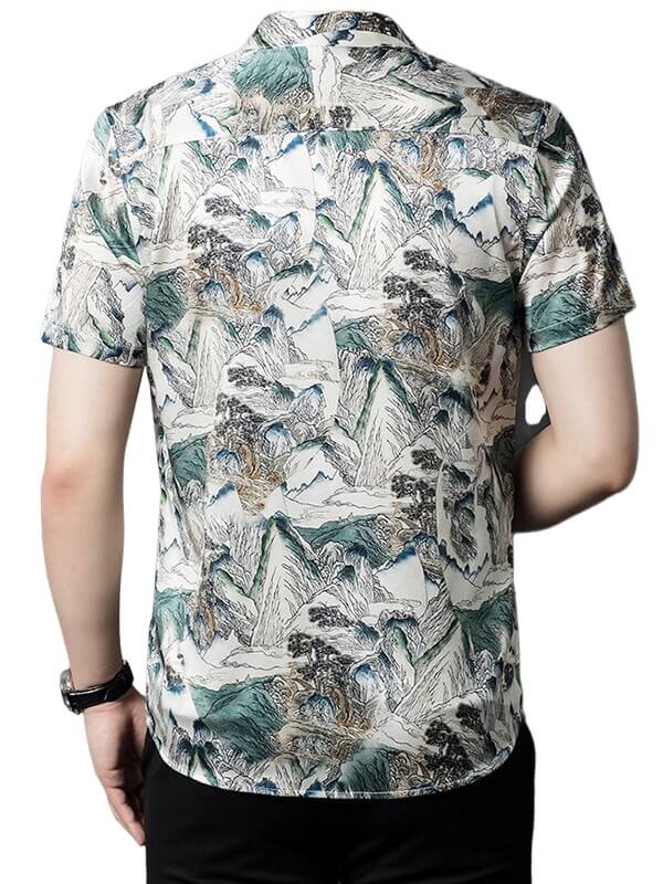 Mountain Printed Button Up Short Sleeved Silk Shirt For Men