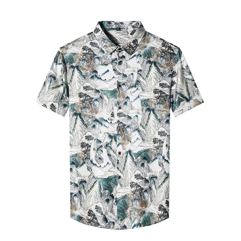 Mountain Printed Button Up Short Sleeved Silk Shirt For Men