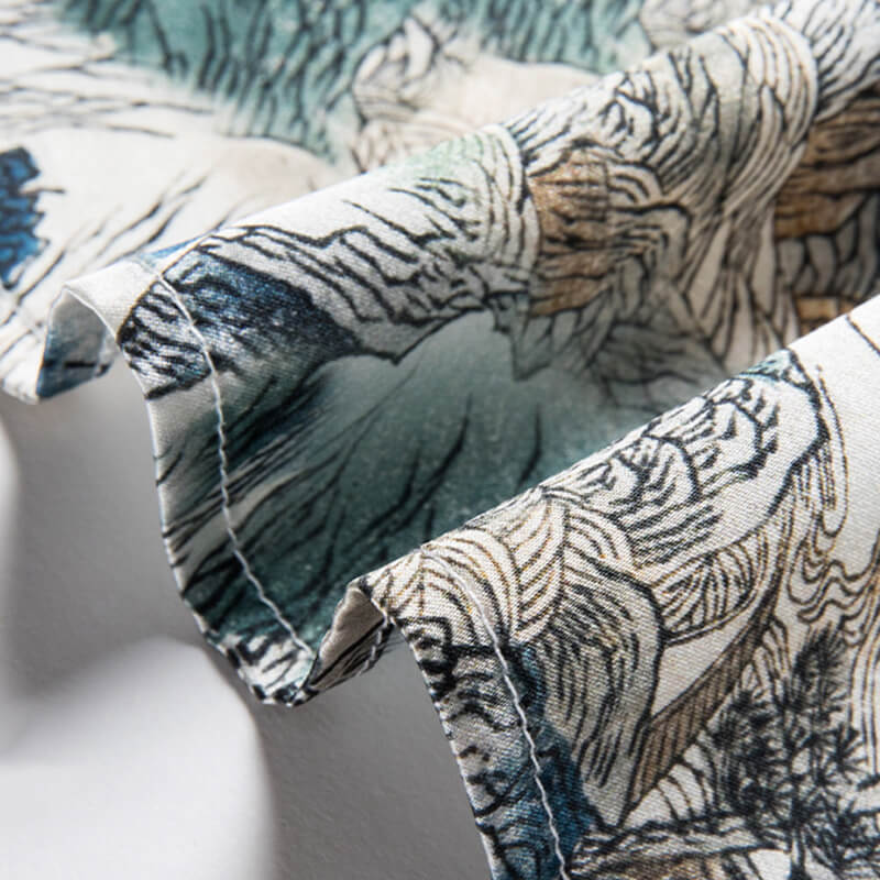 Mountain Printed Button Up Short Sleeved Silk Shirt For Men