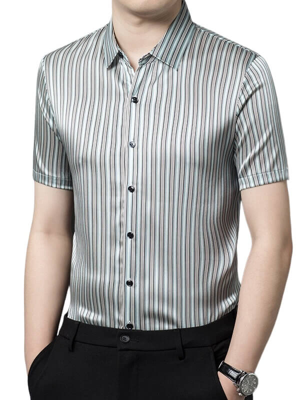 Refined Striped Men's Short-Sleeved Business Casual Silk Shirt