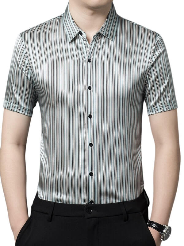 Pinstripe Printed Men's Short Sleeve Silk Shirt