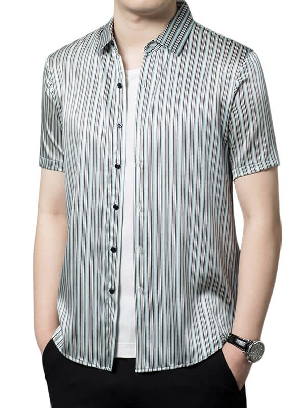 Pinstripe Printed Men's Short Sleeve Silk Shirt