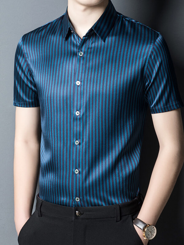 Refined Striped Men's Short-Sleeved Business Casual Silk Shirt