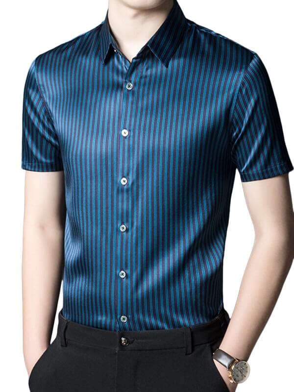 Pinstripe Printed Men's Short Sleeve Silk Shirt