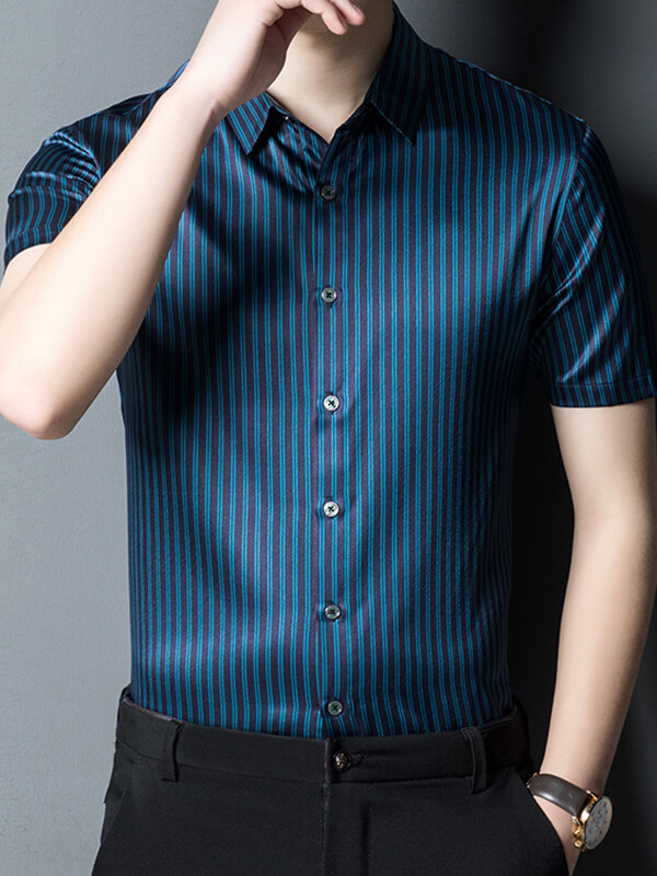 Refined Striped Men's Short-Sleeved Business Casual Silk Shirt