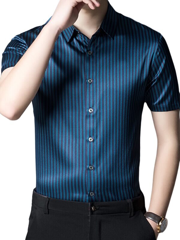 Pinstripe Printed Men's Short Sleeve Silk Shirt