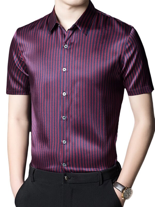 Pinstripe Printed Men's Short Sleeve Silk Shirt