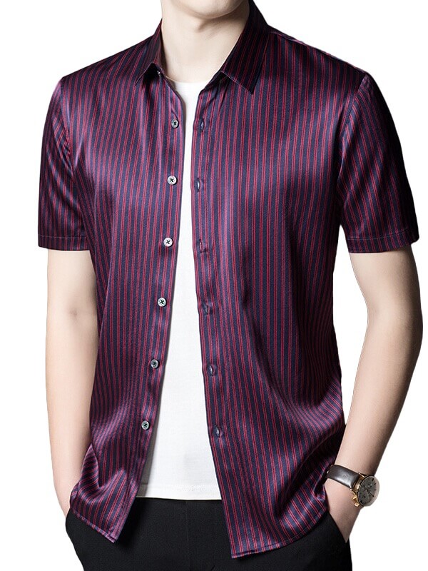 Refined Striped Men's Short-Sleeved Business Casual Silk Shirt