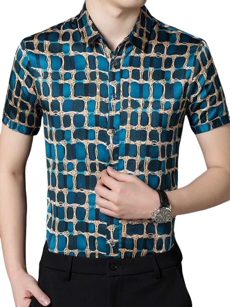 Block Printed Blue Short Sleeved Button Up Silk Dress Shirt