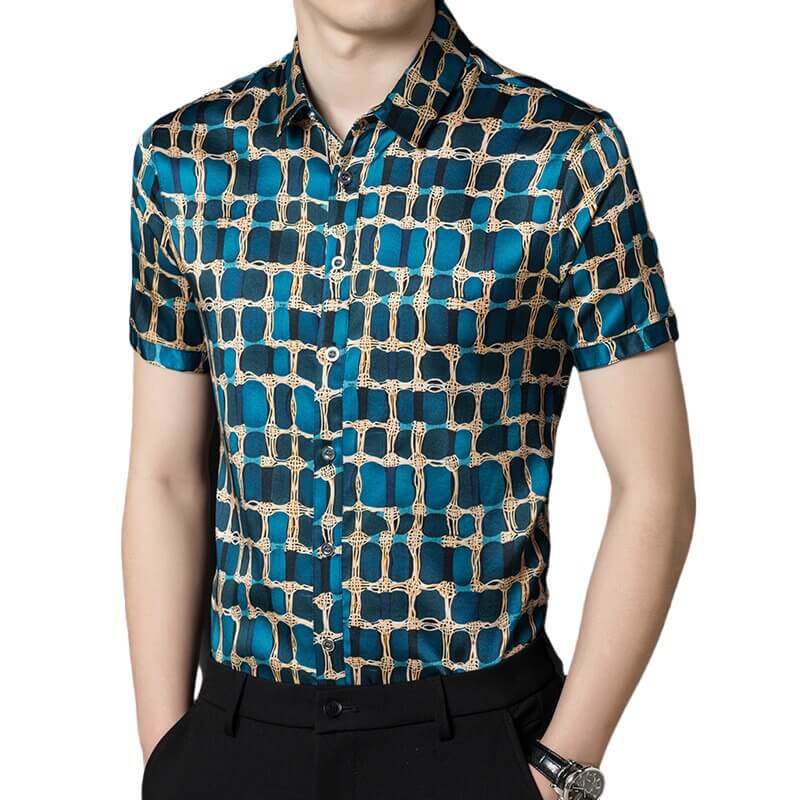 Block Printed Blue Short Sleeved Button Up Silk Dress Shirt