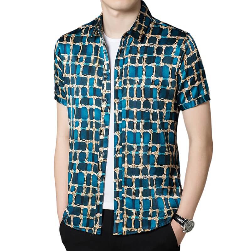 Block Printed Blue Short Sleeved Button Up Silk Dress Shirt
