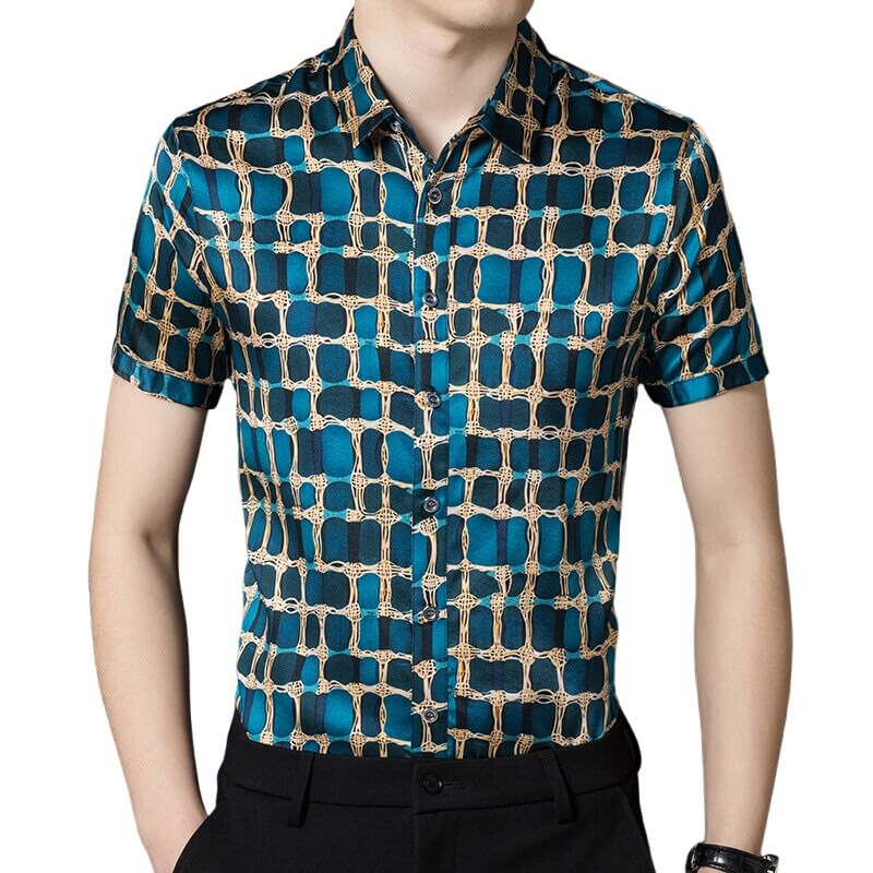 Block Printed Blue Short Sleeved Button Up Silk Dress Shirt