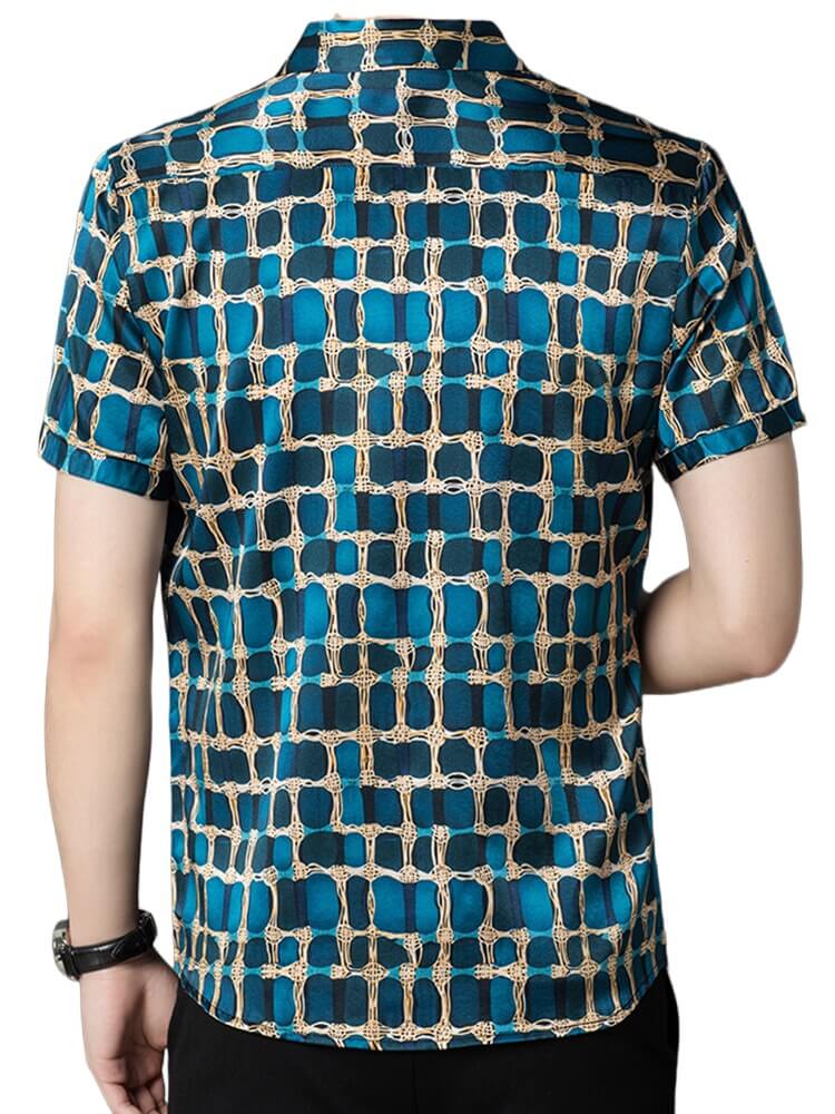 Block Printed Blue Short Sleeved Button Up Silk Dress Shirt