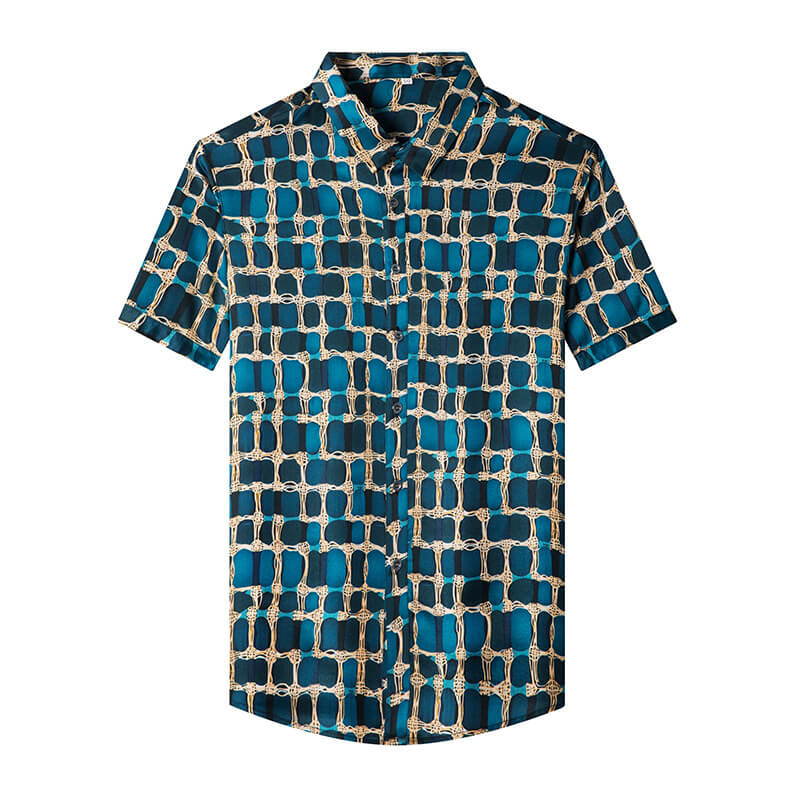 Blue Printed Men's Mulberry Silk Short Sleeve Hawaiian Shirt