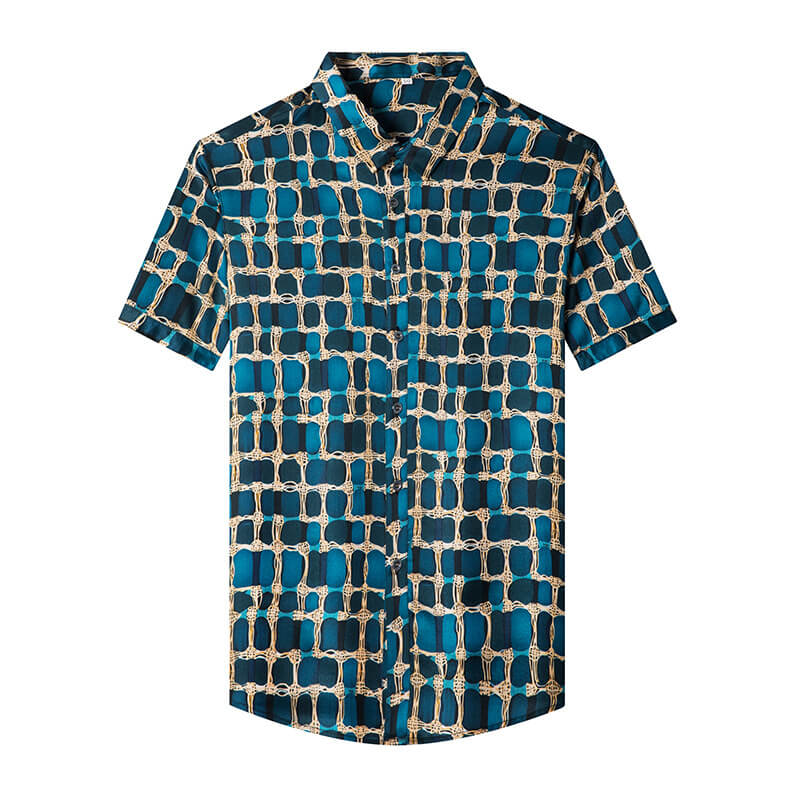Block Printed Blue Short Sleeved Button Up Silk Dress Shirt