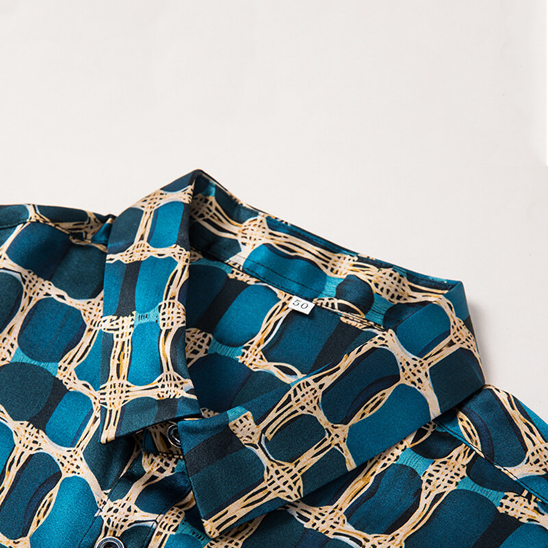 Block Printed Blue Short Sleeved Button Up Silk Dress Shirt