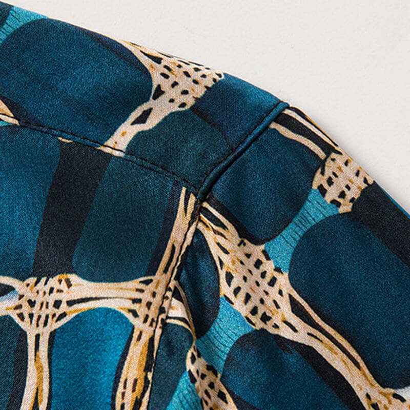 Block Printed Blue Short Sleeved Button Up Silk Dress Shirt