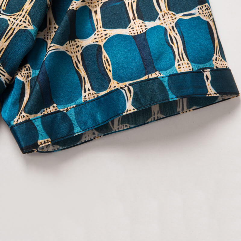Block Printed Blue Short Sleeved Button Up Silk Dress Shirt