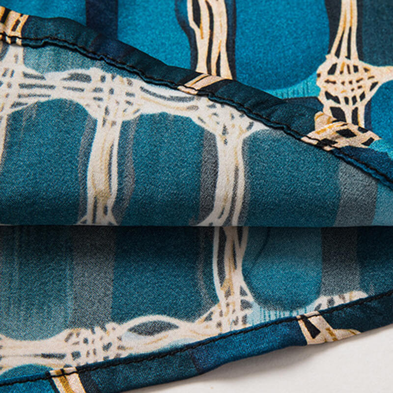Block Printed Blue Short Sleeved Button Up Silk Dress Shirt